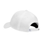 A white cap with a mesh design and a branded label on the side.