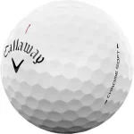 A white golf ball featuring a logo and text, designed as part of the Callaway Chrome Soft golf balls.
