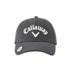 A grey cap with a white logo and branding, featuring a structured design and curved brim.