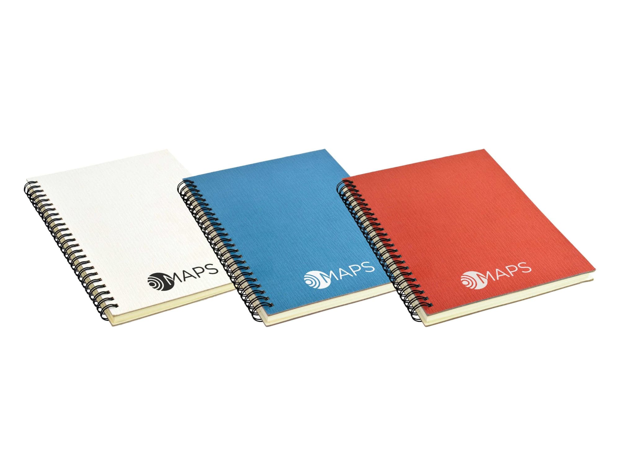 A set of three A5 notebooks in white, blue, and red, each with a spiral binding and a logo on the cover. Calypso A5 Notebook - Image 1