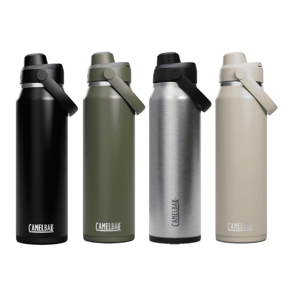 A drink bottle in four colours: black, olive green, stainless steel, and beige, featuring a lid with a carry handle and a logo. CamelBak - Thrive Chug VSS 1.0L - Image 1