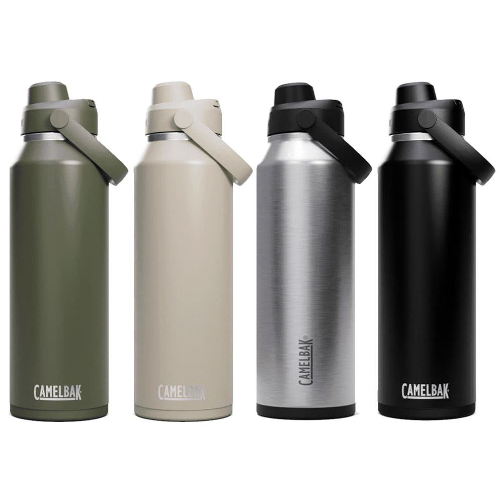 A drink bottle featuring four variations: olive green, beige, stainless steel, and black, each with a logo. CamelBak - Thrive Chug VSS 1.2L - Image 1