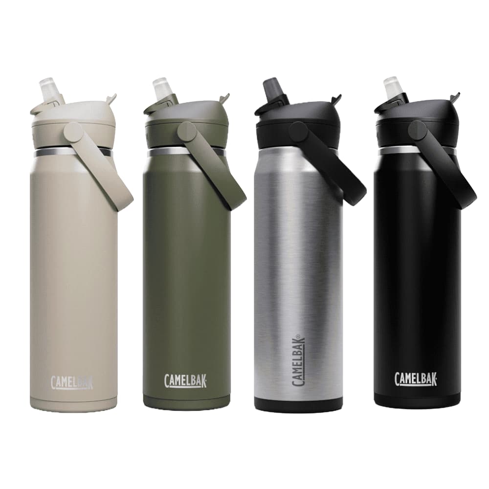 A drink bottle set featuring four variations in beige, olive green, stainless steel, and black, each with a flip straw and branding. CamelBak - Thrive Flip Straw VSS 0.75L - Image 1