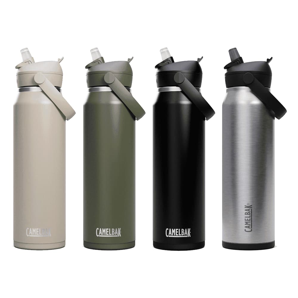 A drink bottle in four colours: beige, olive green, black, and stainless steel, featuring a flip straw and branding. CamelBak - Thrive Flip Straw VSS 1.0L - Image 1