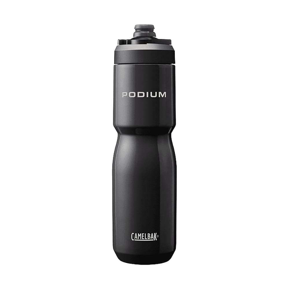 A drink bottle in black, featuring a screw-top lid and a brand logo, designed for insulation. CamelBak - Podium Insulated Steel 0.65L - Image 1