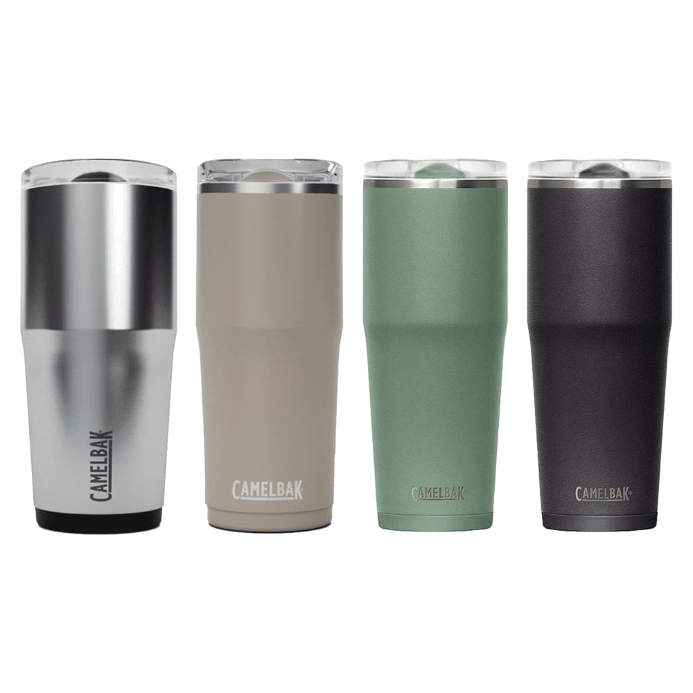 A drink bottle set featuring four tumblers in silver, beige, green, and black, each with a logo. CamelBak - Thrive Tumbler VSS 0.6L - Image 1
