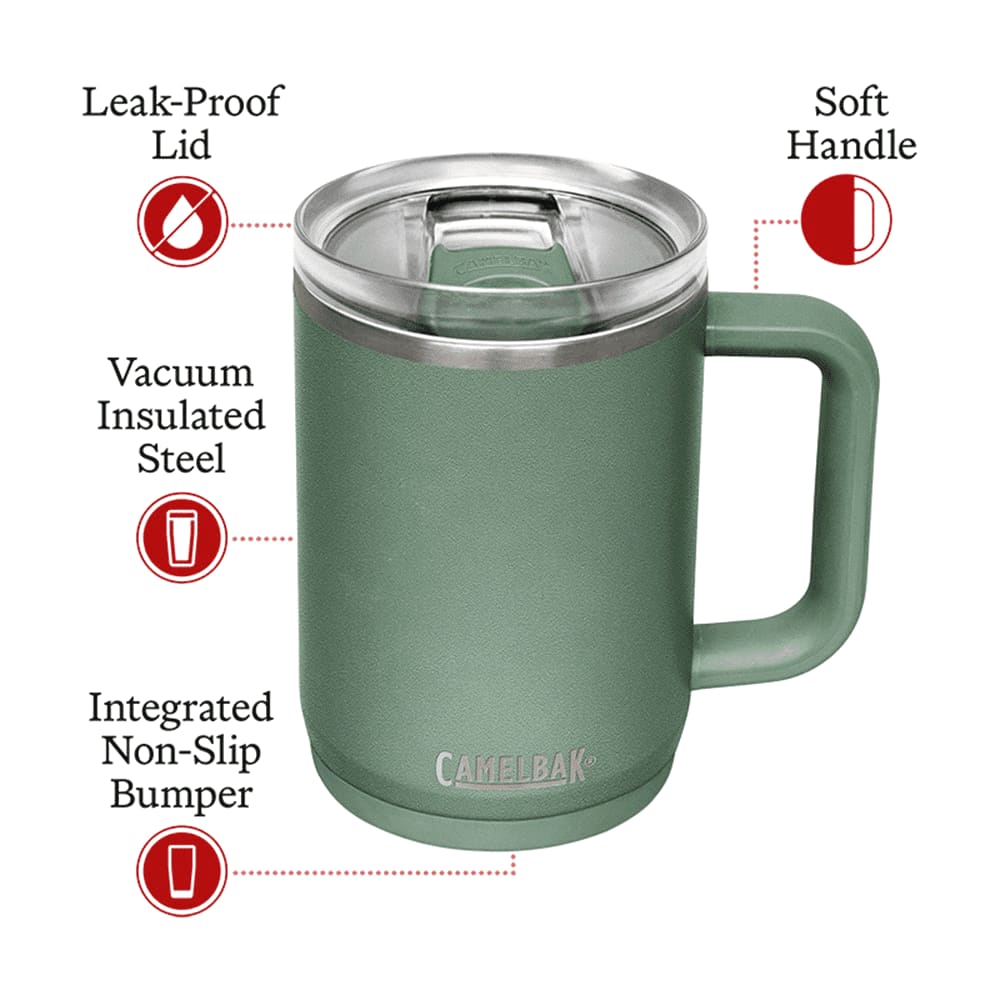 A drink bottle in green featuring a leak-proof lid, soft handle, and vacuum insulated stainless steel design. CamelBak - Thrive Mug VSS 0.5L - Image 1