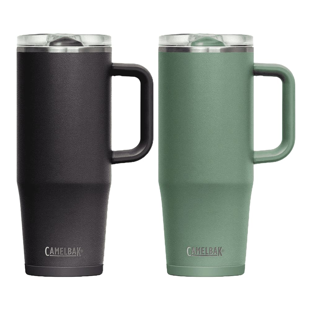 A drink bottle set featuring a black and a green mug with a handle. Each has a lid and branding visible. CamelBak - Thrive Mug VSS 1.0L - Image 1