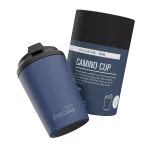 A reusable cup in denim blue and black, featuring a stainless steel interior and a sleek design, with a logo.