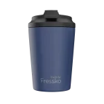 A drink bottle in blue with a black lid, featuring a logo on the front.