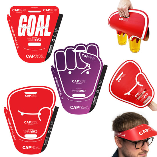 Promotional product featuring red and purple fan designs resembling boxing gloves and a fist, along with a drink holder. Cap-Pac (Fan/Power/Boxer Designs) - Image 1