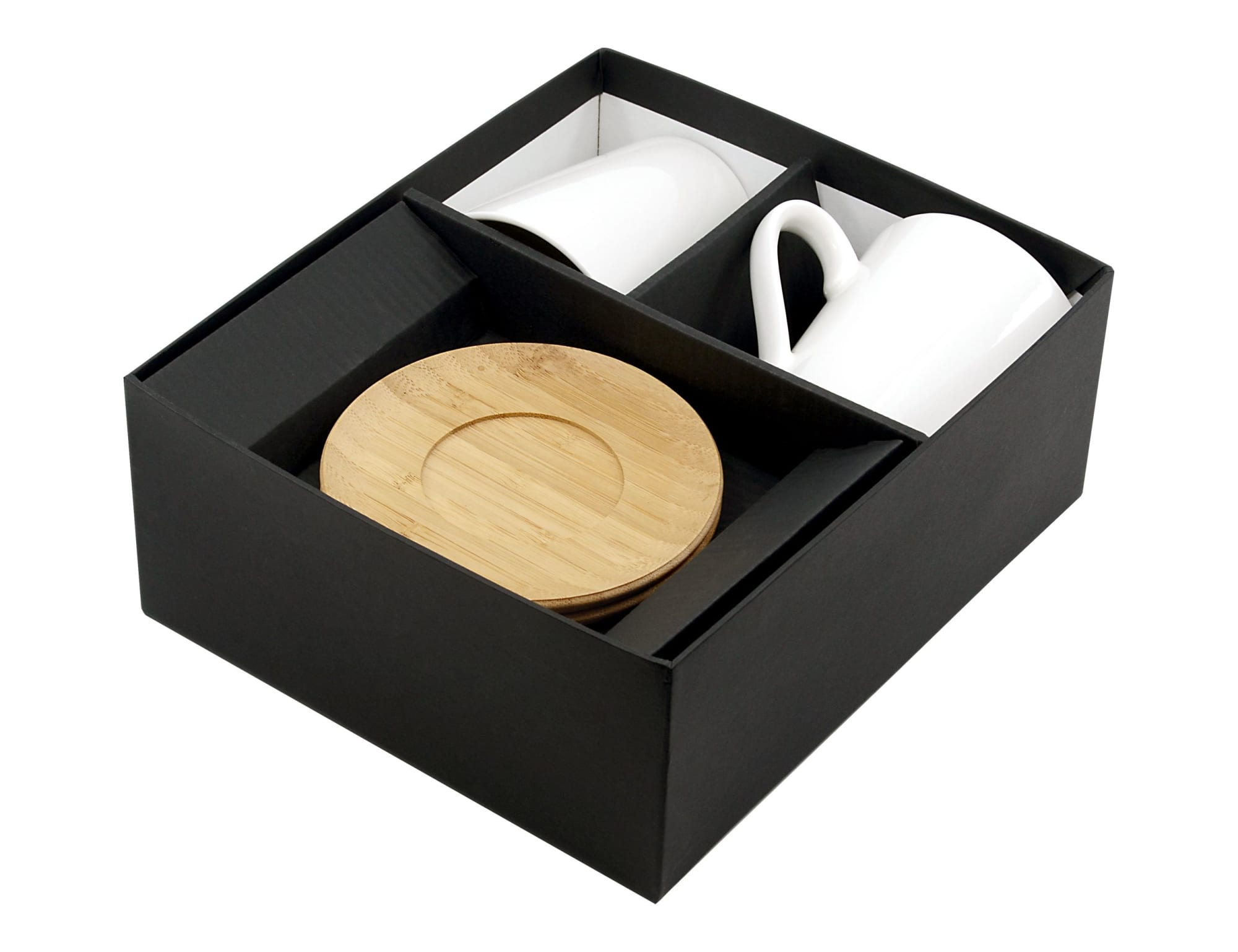 A drinkware set featuring two white coffee mugs and a bamboo saucer in a black presentation box. Carmel Vee Mug & Saucer Set - Image 1