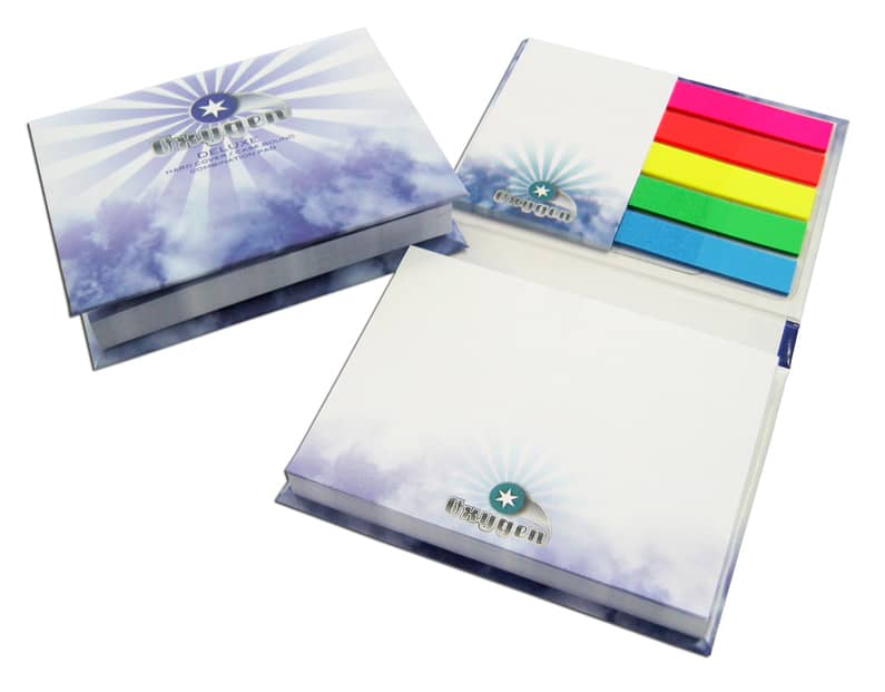 A notebook with a colourful cover featuring five film markers in pink, orange, yellow, green, and blue. Hard Cover 100 Leaf With Film Markers 4 Col Cover 2 Col Pad - Image 1