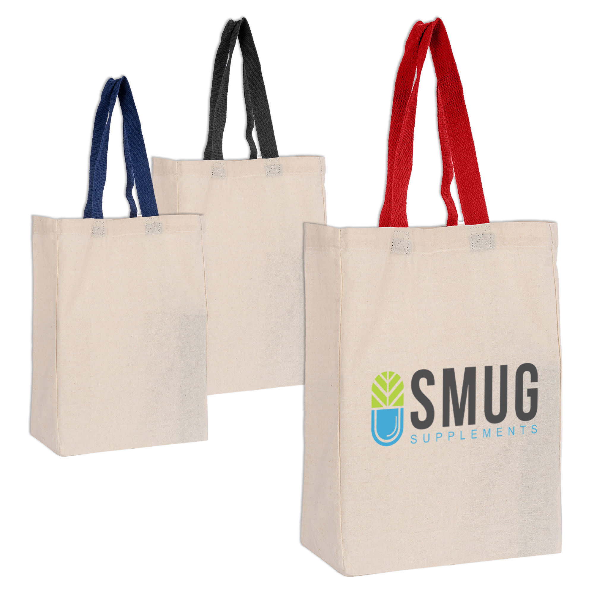 Three Calico trade show bags in natural, with red, black, and navy handles, featuring a logo on one bag. Calico Trade Show Bag - Image 1