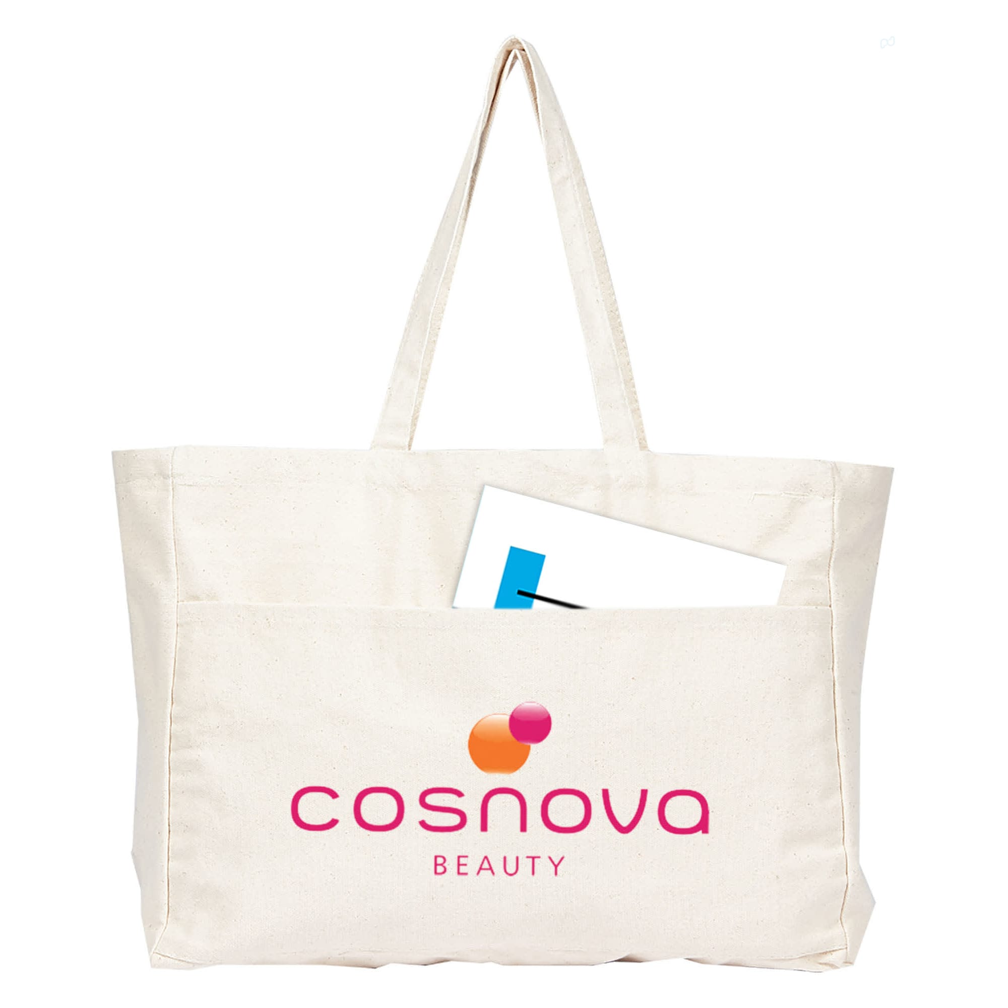 A large cream tote bag with handles, featuring a pocket and a logo in pink and orange. Delton Canvas Large Shopper - Image 1