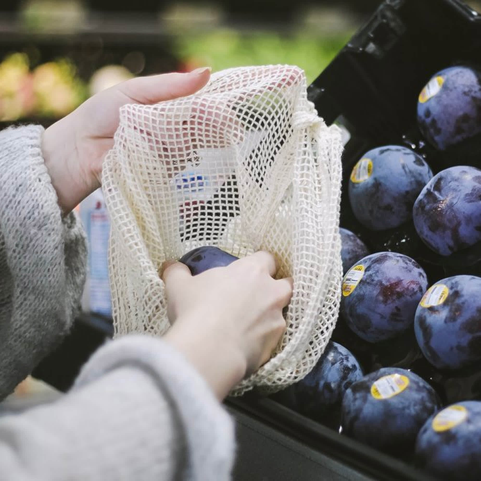 A reusable off-white mesh produce bag is being used to hold plums in a grocery store. Cuban Cotton Mesh Produce Bag - Image 1