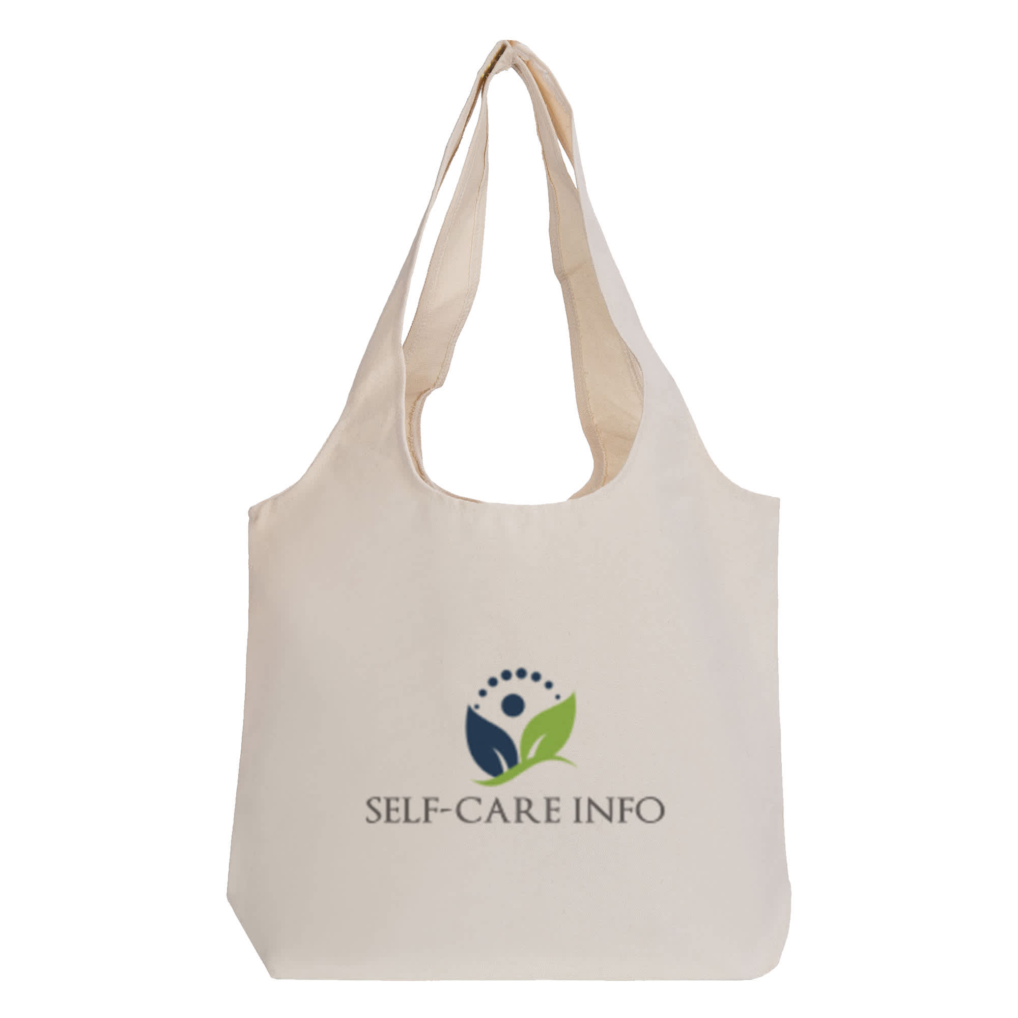 A cream tote bag with a curved top, featuring a logo and text related to self-care. Bari Calico Bag - Image 1