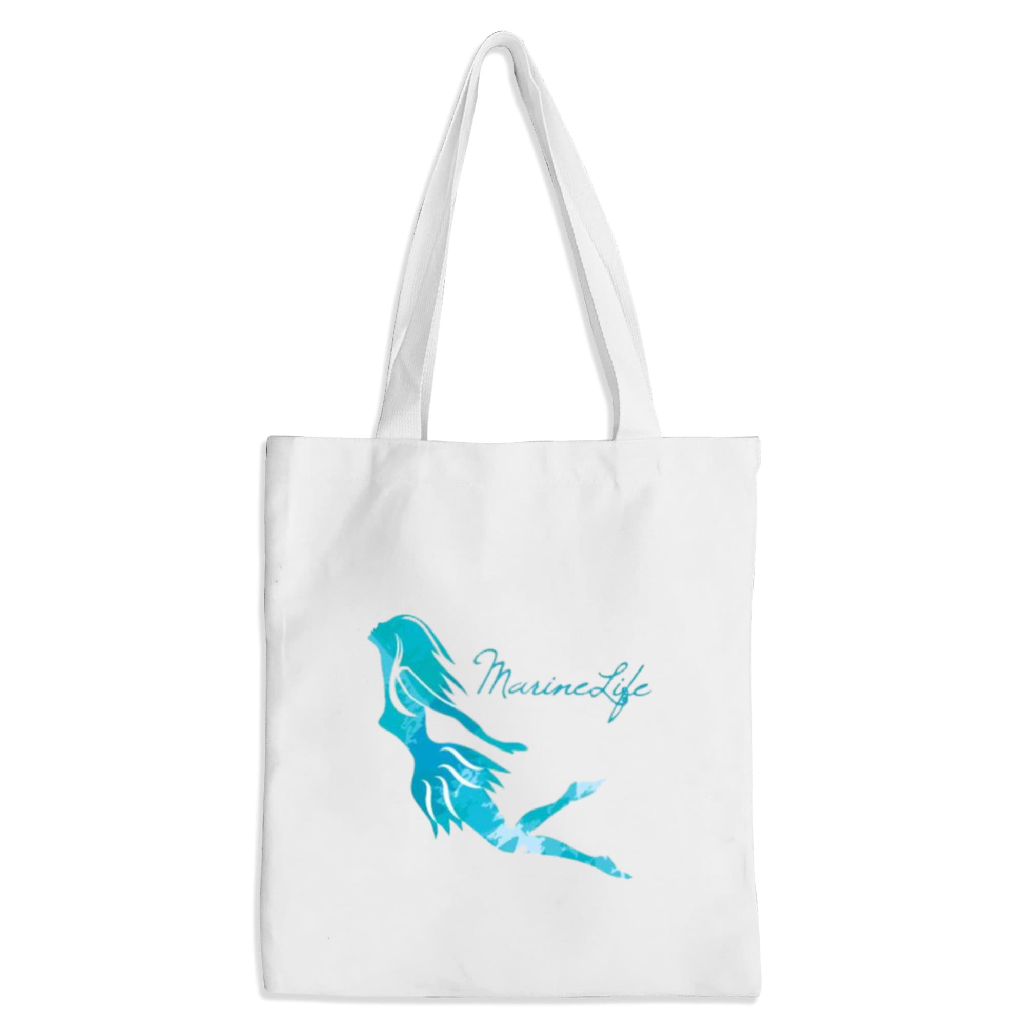 A white tote bag featuring a blue mermaid silhouette and a logo. Ideal for casual use and shopping. Marco Crystal Canvas Bag - Image 1