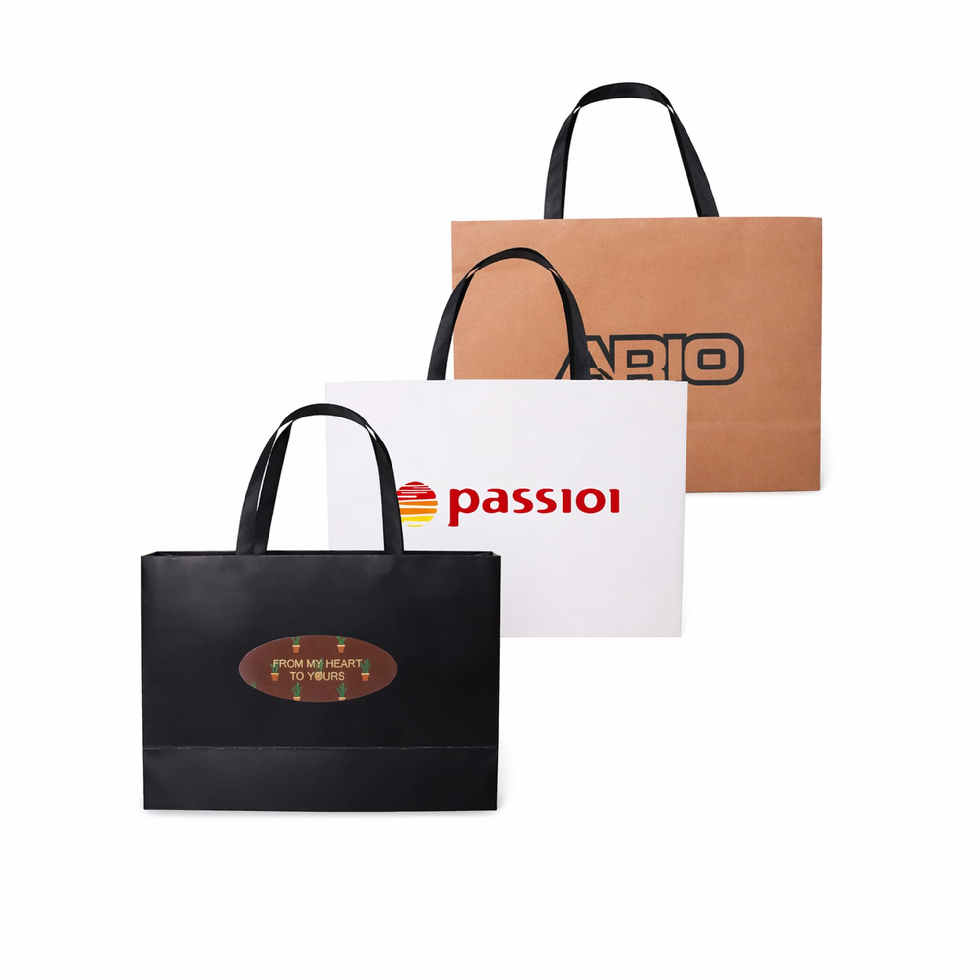 Three medium paper bags with flat handles in brown, white, and black, featuring various logos. Medium Paper Bag with Flat Handle(320 x 220 x 100mm) - Image 1