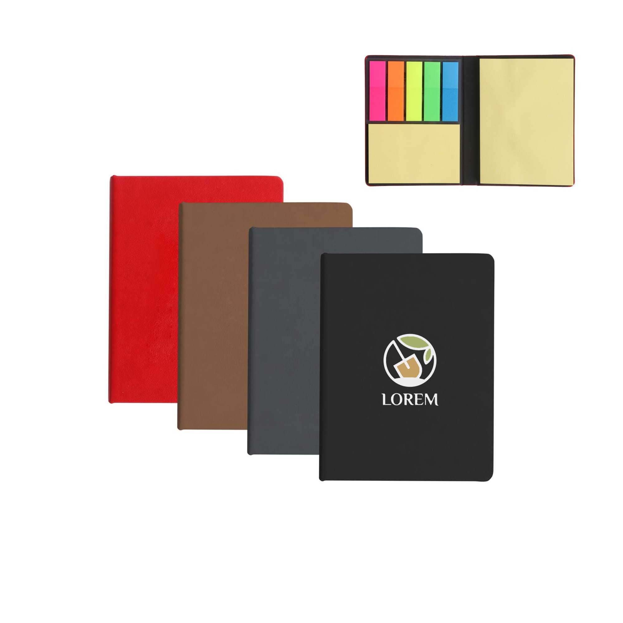 A PU Sticky Notes Memo Holder featuring four notebooks in red, brown, grey, and black with a colourful sticky notes section and a logo. PU Sticky Notes Memo Holder - Image 1