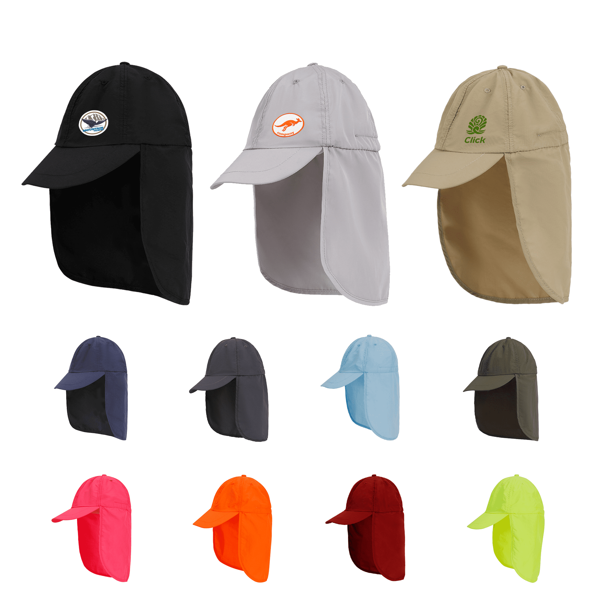A collection of baseball caps with neck flaps in various colours including black, grey, beige, blue, and orange. Each has a logo. Baseball Cap with Neck Flap - Image 1