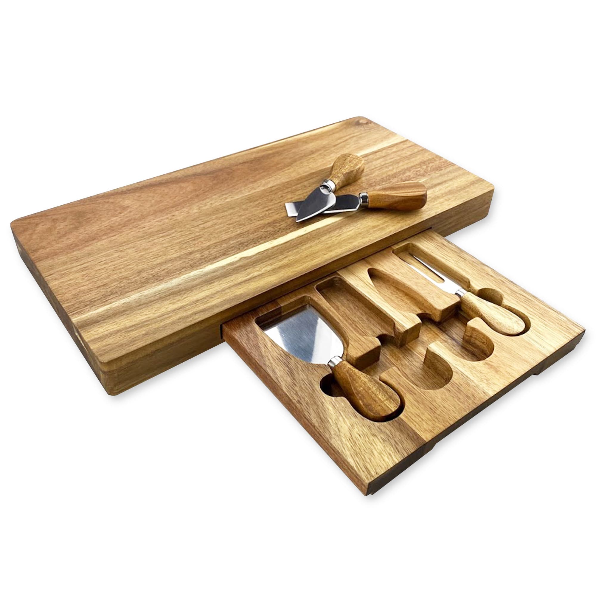 A wooden cheeseboard with five stainless steel cheese knives and a cheese slicer, featuring a natural finish. Barsa Cheeseboard and Knife Set - Image 1