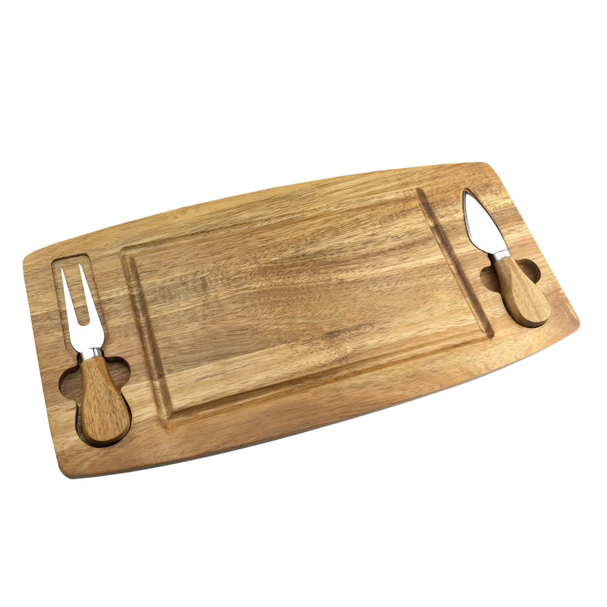 A wooden cheeseboard with a natural finish, featuring two stainless steel knives. Noyya Cheeseboard and Knife Set - Image 1