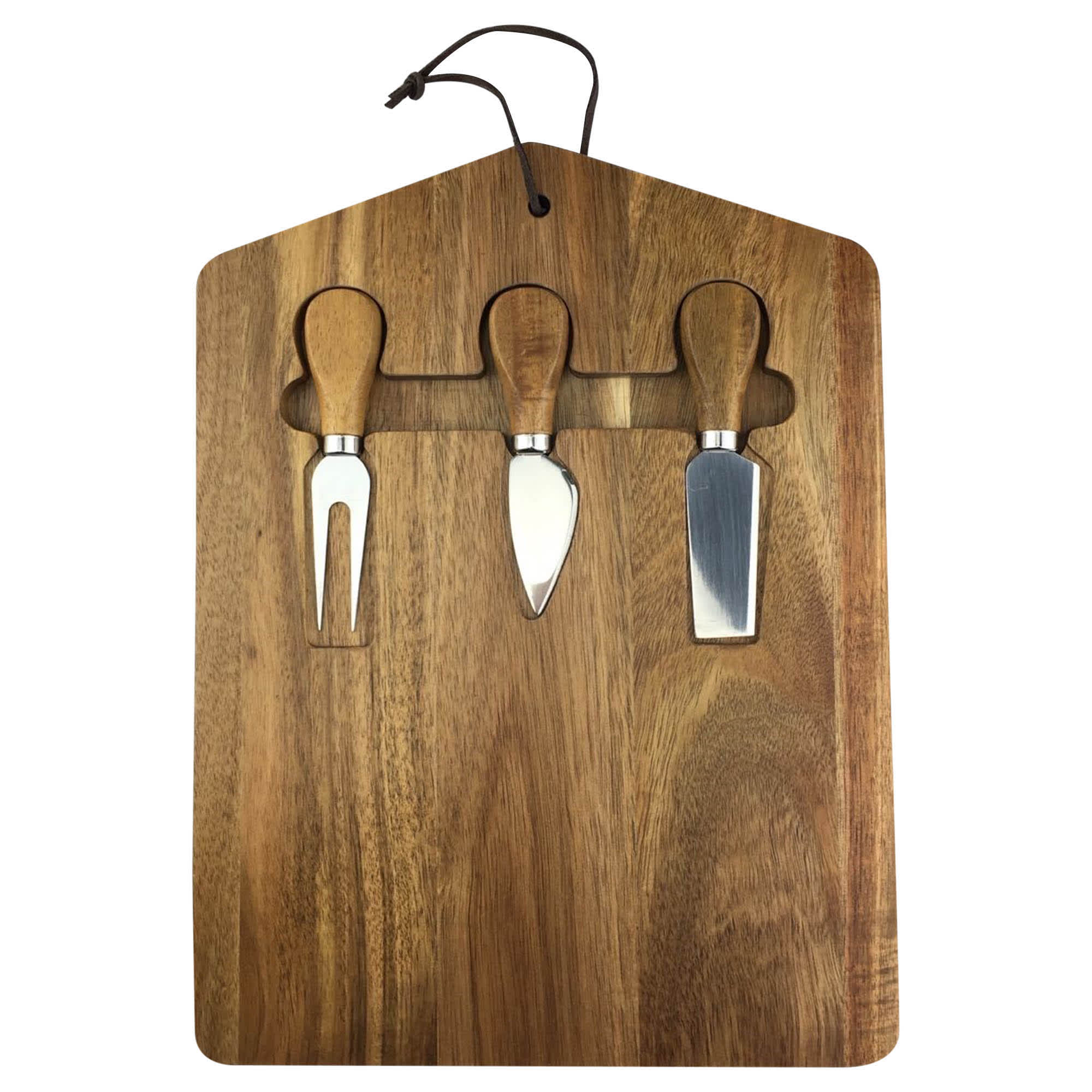 A wooden cheeseboard with three metal knives featuring wooden handles. The set has a rustic finish. Trekko Cheeseboard and Knife Set - Image 1