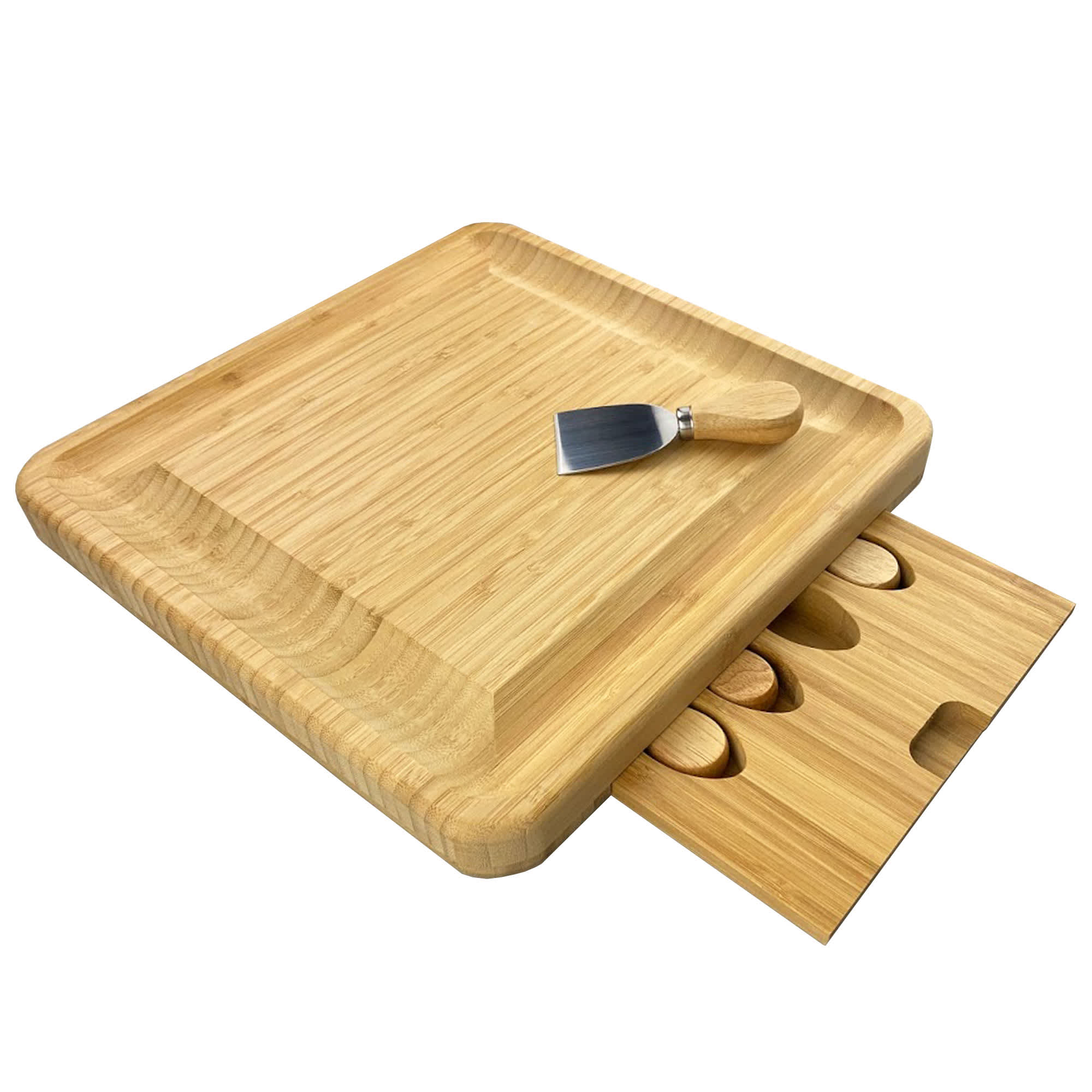 A wooden cheeseboard with a knife and a drawer for storing additional utensils. The set is made from bamboo. Maison Cheeseboard and Knife Set - Image 1