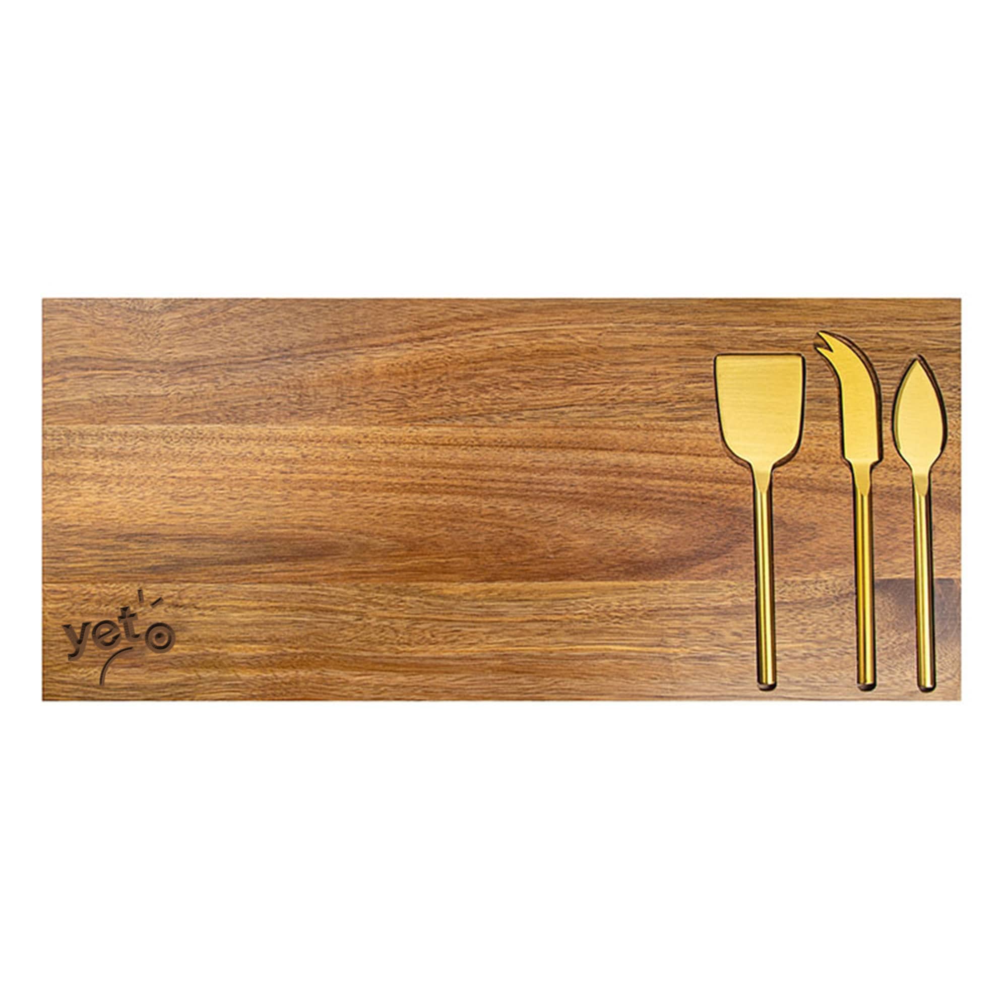 A wooden cheeseboard featuring three gold-coloured cheese knives and a logo. Yeto Cheeseboard and Knife Set - Image 1