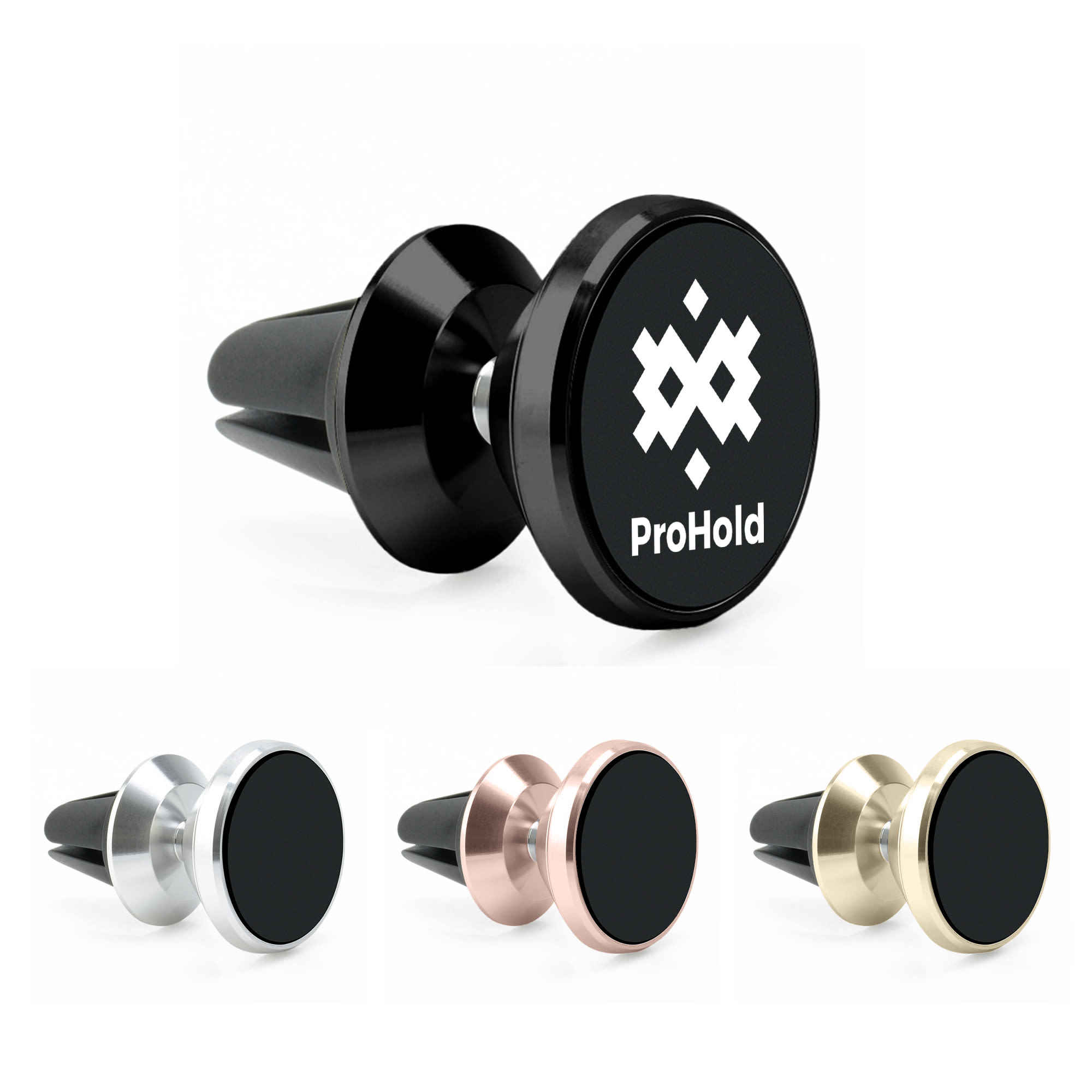 A set of four rotatable car phone holders in black, silver, rose gold, and gold, featuring a logo on the black holder. Rotatable Clip-on Car Phone Holder - Image 1