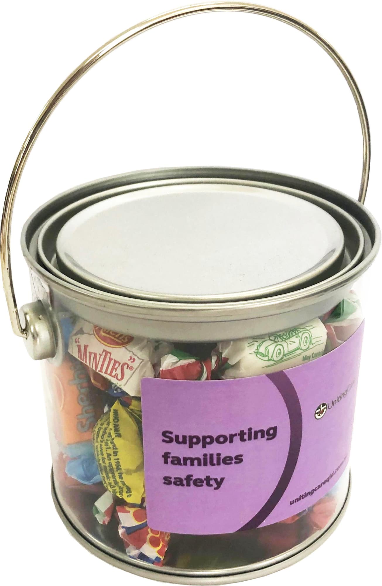A medium silver PVC bucket filled with assorted colourful lollies, featuring a handle and a branding label. A medium silver PVC bucket filled with assorted colourful lollies, featuring a handle and a branding label.