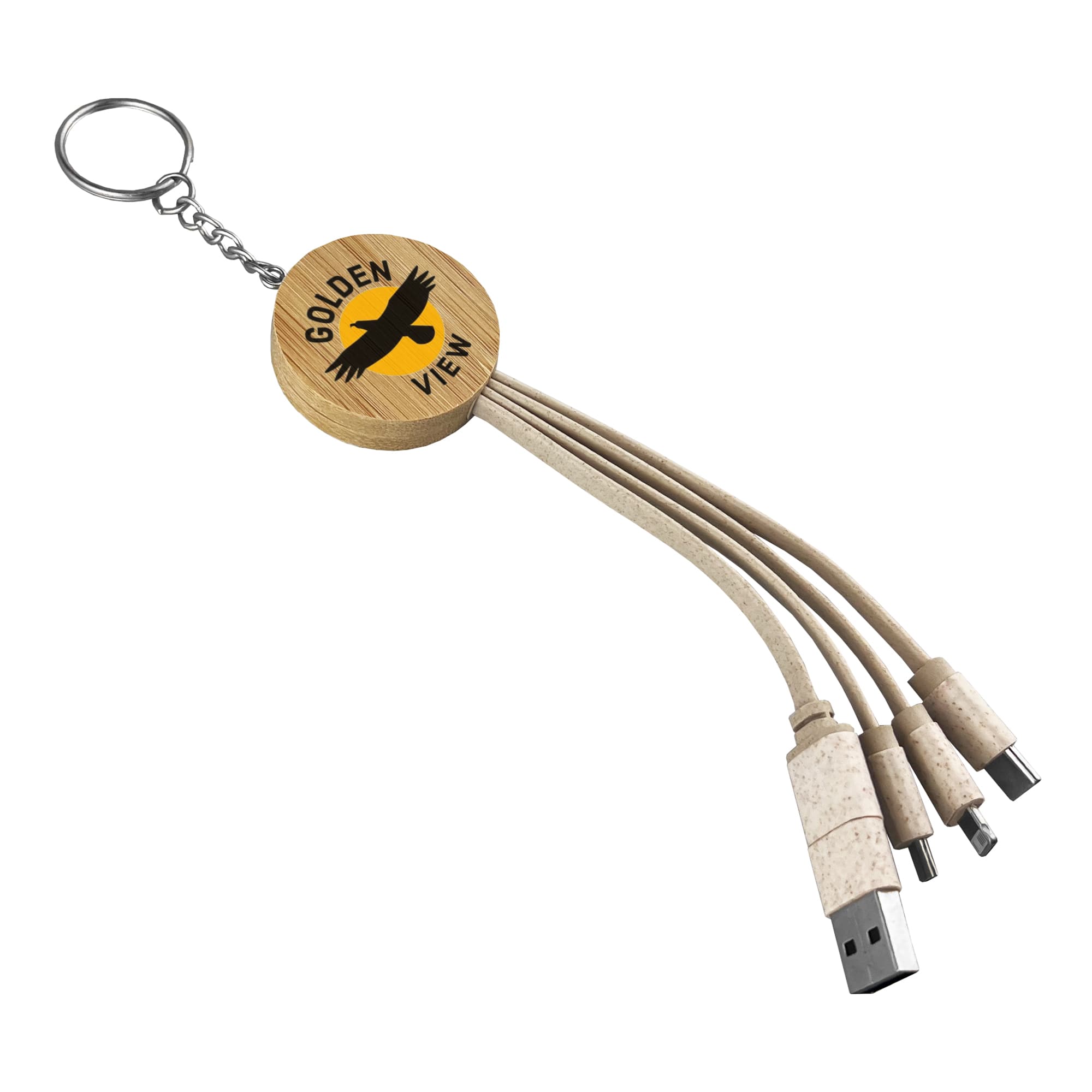 A round bamboo key ring with a logo and three charging cables in beige. Round Bamboo Charging Cable Key Ring - Image 1