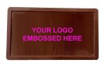 An embossed chocolate in a rectangular shape, featuring a brown colour and a space for a logo.