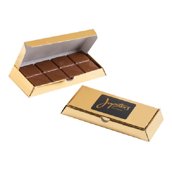 A gold bullion box containing several rectangular milk chocolate pieces inside. The box features a logo. Milk Chocolate Bar in Gold Bullion Box - Image 1