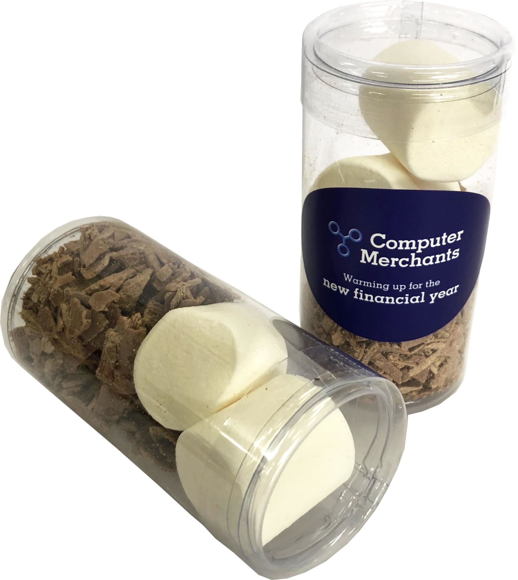 A clear tube containing chocolate shavings and large, white marshmallows, featuring a logo on the side. A clear tube containing chocolate shavings and large, white marshmallows, featuring a logo on the side.