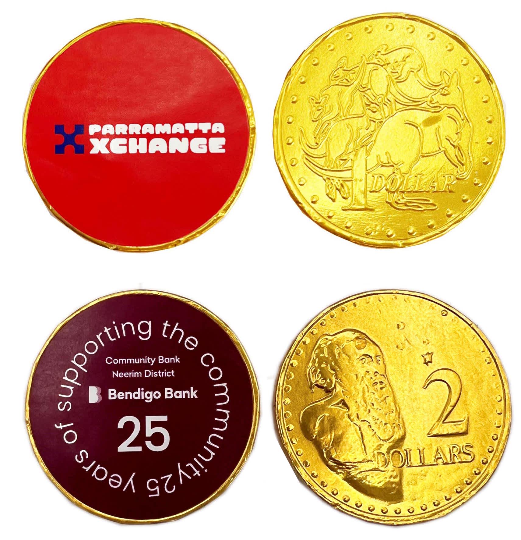 Gold chocolate coins with various designs, including pricing and logos, in a festive arrangement. Chocolate Coins - Image 1