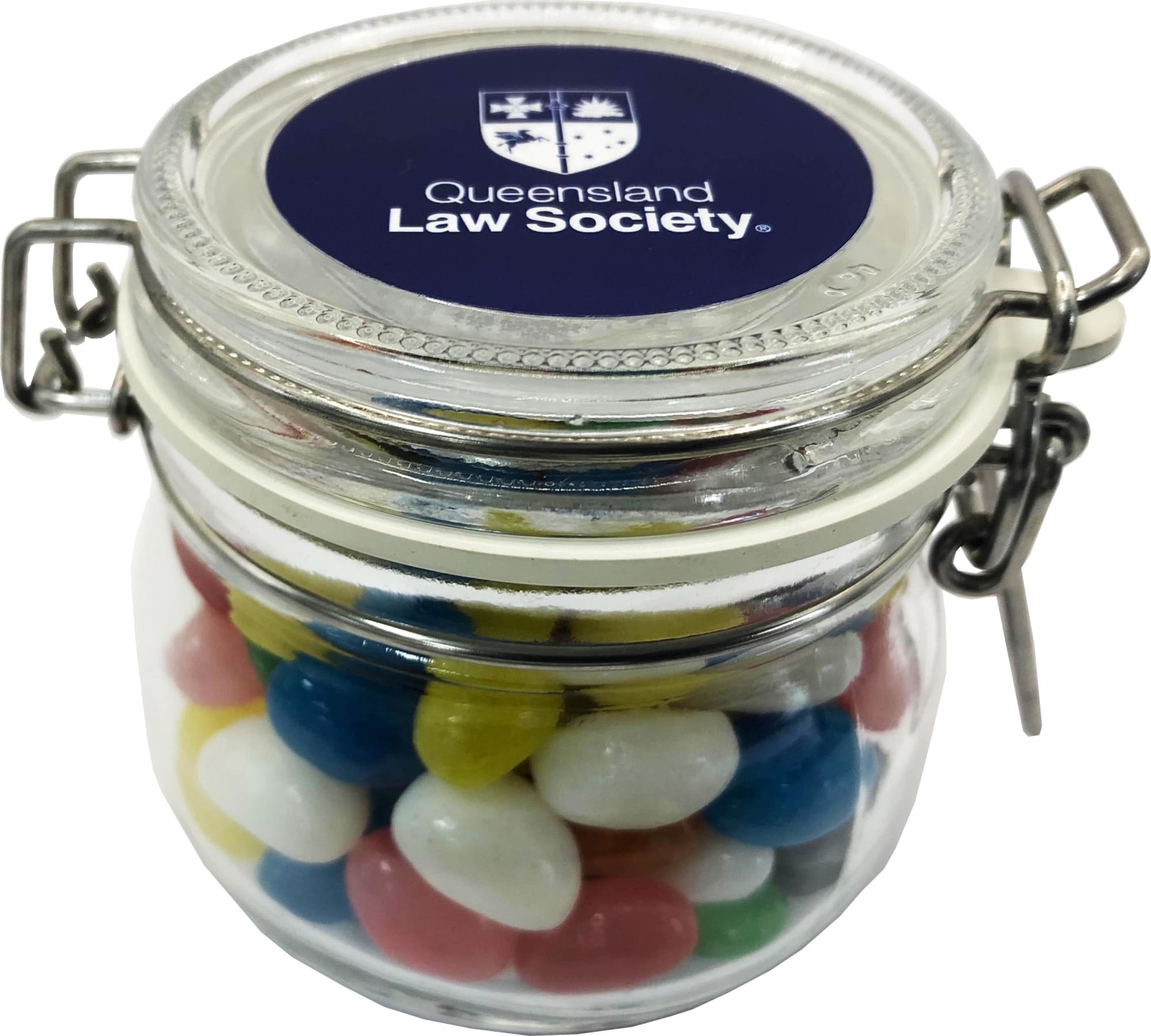 A clear glass canister filled with colourful mini jelly beans, featuring a decorative lid with a logo. Small Canister with Mini Jelly Beans 200g - Image 1