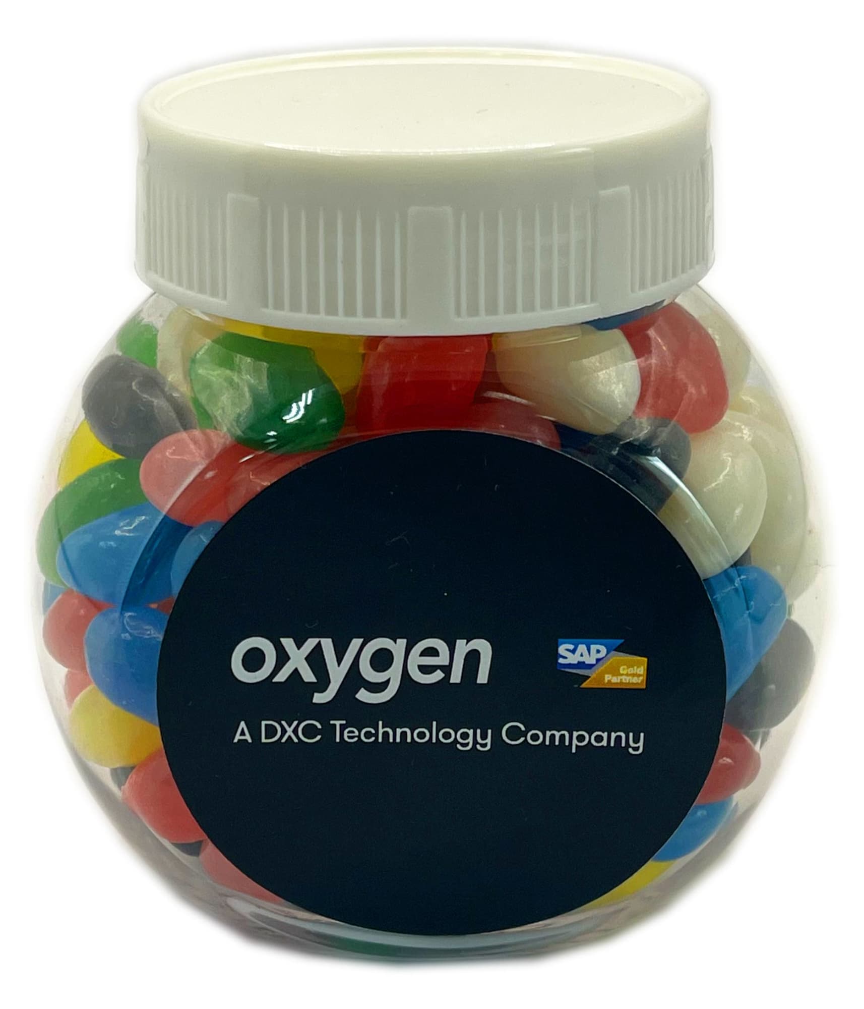 A plastic jar filled with colourful mini jelly beans, featuring a white lid and a logo on the front. A plastic jar filled with colourful mini jelly beans, featuring a white lid and a logo on the front.