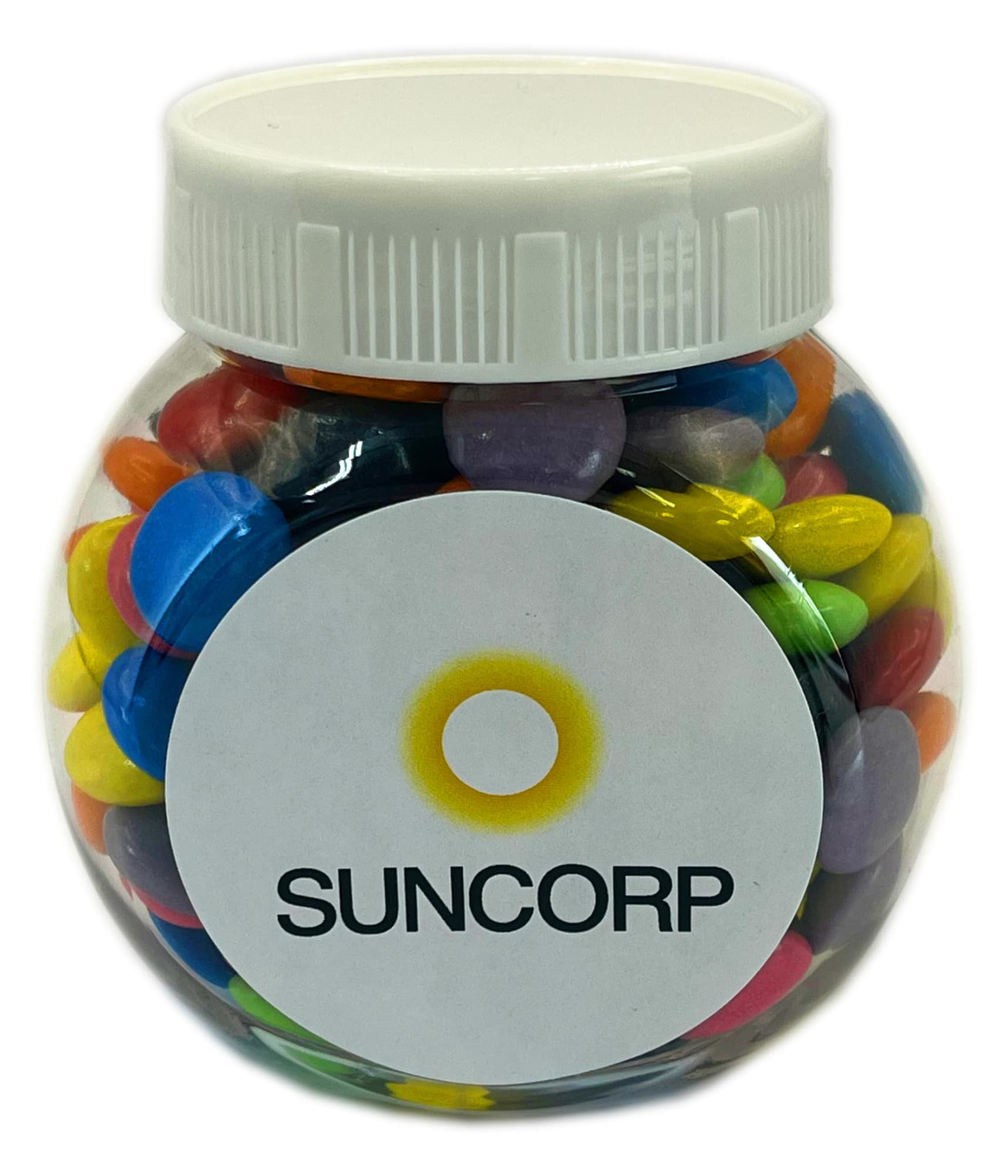 A plastic jar filled with colourful choc beans, featuring a white lid and a logo on the front. Plastic Jar with Choc Beans 170g - Image 1