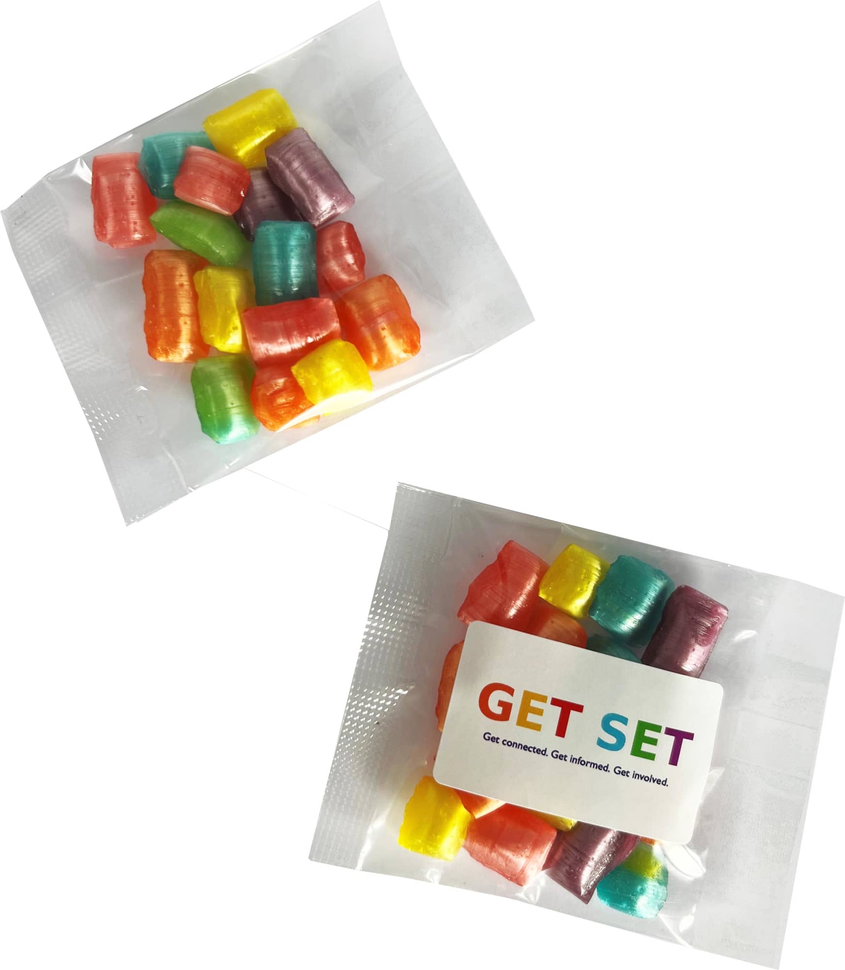 A packet of colourful humbugs in various shades, including pink, yellow, green, and blue, with packaging and branding. Corporate Coloured Humbugs 20g - Image 1