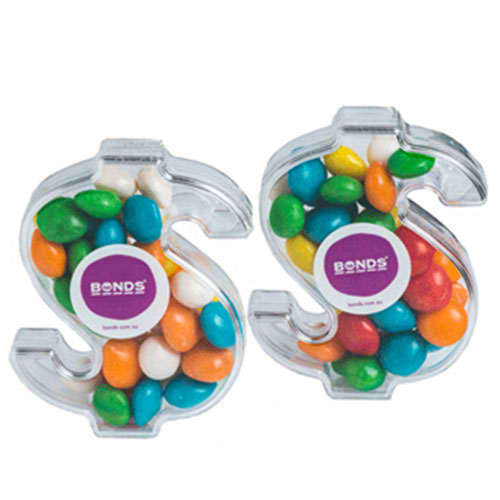 Acrylic dollar-shaped container filled with chewy fruit candies in various colours, featuring a logo on the front. Acrylic Dollar with Chewy Fruits 40g - Image 1