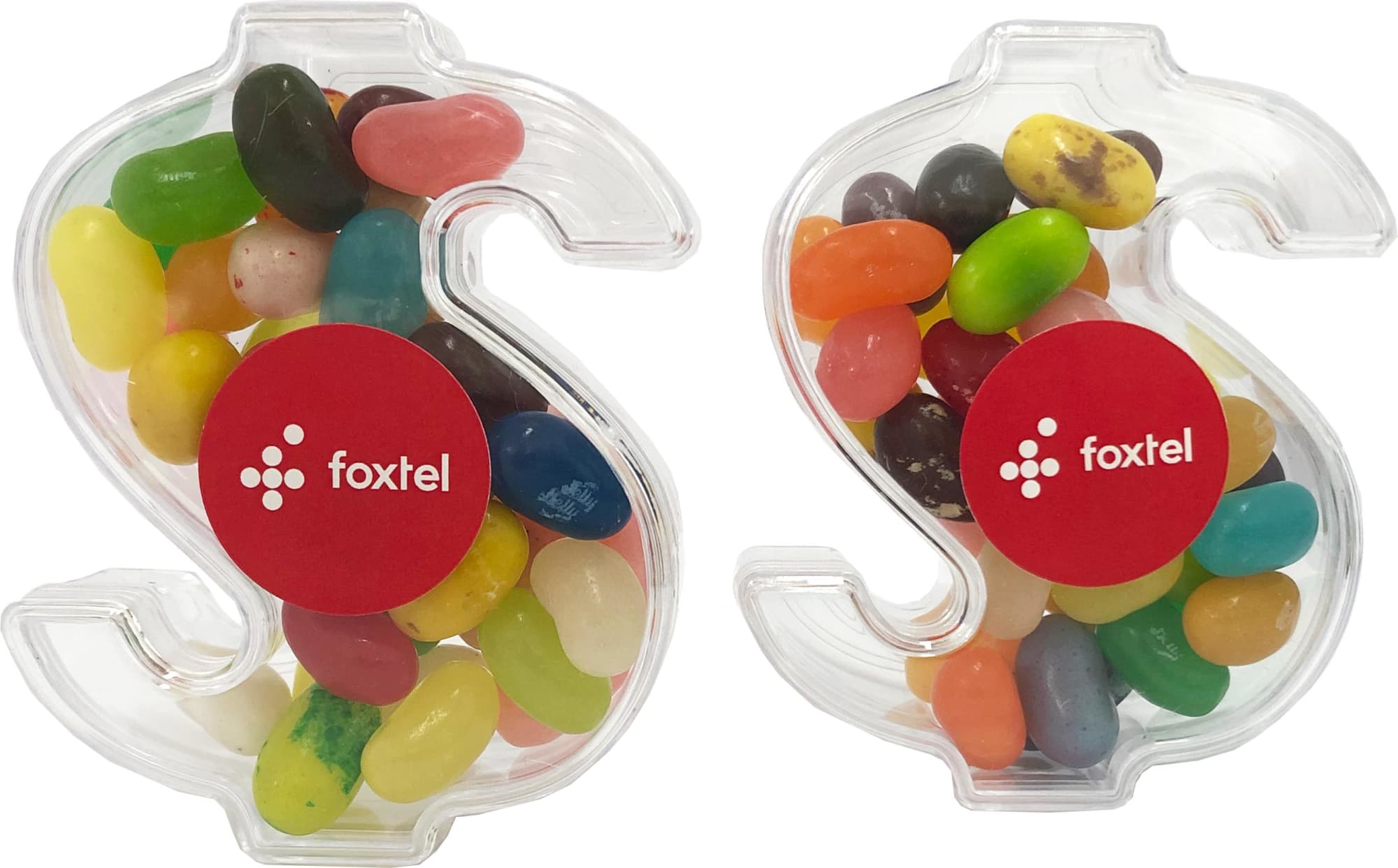 Acrylic dollar-shaped container filled with assorted colourful JELLY BELLY jelly beans, featuring a logo. Acrylic dollar-shaped container filled with assorted colourful JELLY BELLY jelly beans, featuring a logo.