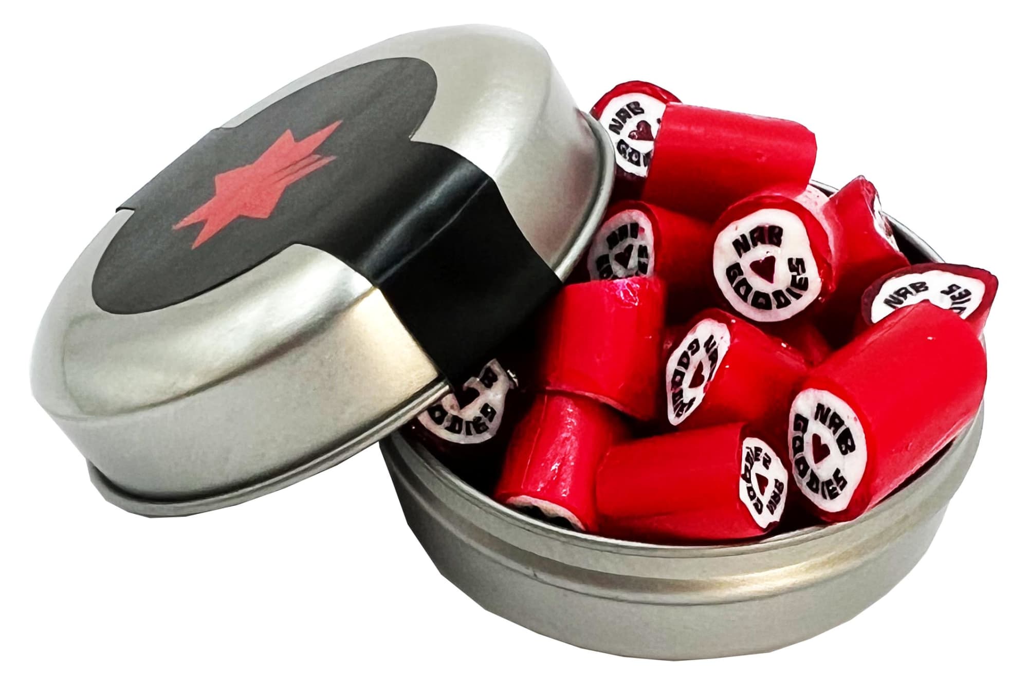 A silver tin filled with red rock candy pieces, some displaying black and white designs, with a black lid featuring a red star. Candle Tin with Rock Candy 40g - Image 1