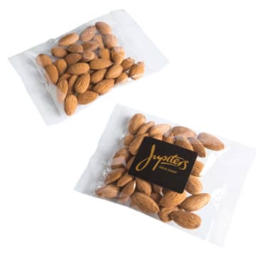 Two clear bags filled with light brown almonds, featuring black branding on one bag. Raw Almonds 50g - Image 1