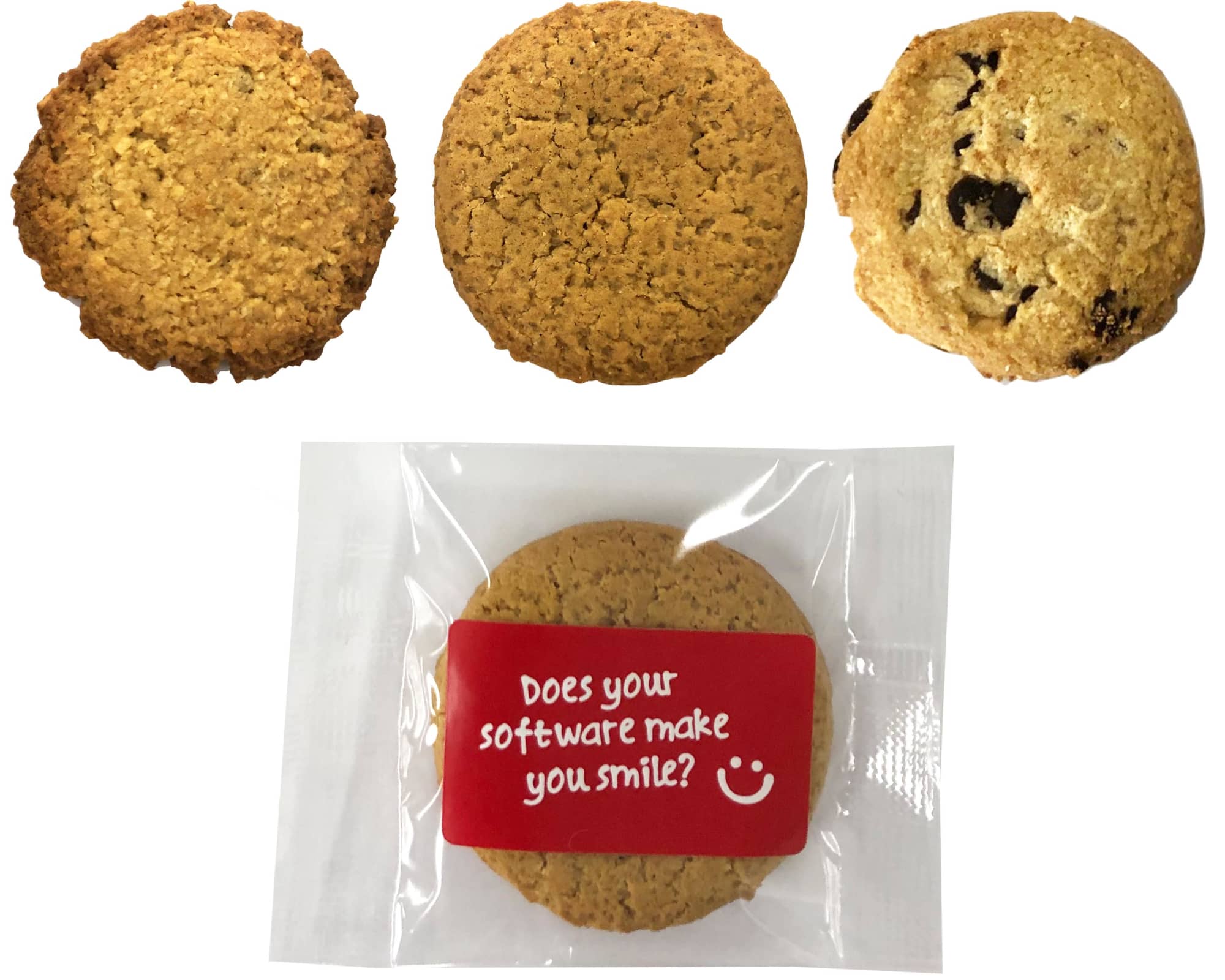 Gluten-free biscuits in a cello bag, featuring a variety of textures and colours, including a chocolate chip cookie. Gluten-free biscuits in a cello bag, featuring a variety of textures and colours, including a chocolate chip cookie.