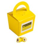 A yellow noodle box containing personalised rock candy pieces in various colours.