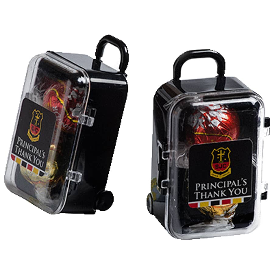 A small black carry-on case with a handle, containing two Lindt chocolate balls. The case features a logo. Carry-On Case with Lindt Balls x2 - Image 1