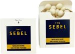 A cardboard box with a flip lid containing white mints, featuring blue and yellow branding.