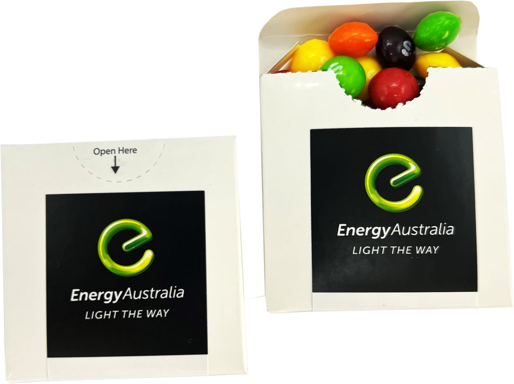 A flip lid cardboard box containing a mix of colourful Skittles lollies with a logo on the front. A flip lid cardboard box containing a mix of colourful Skittles lollies with a logo on the front.